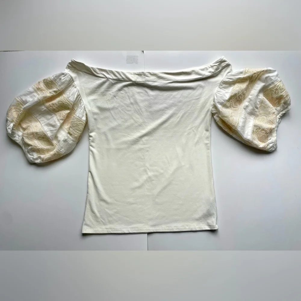 Free People Embroidered Knit Blouse Ivory.Off-Shoulder Top with puff Sleeves
